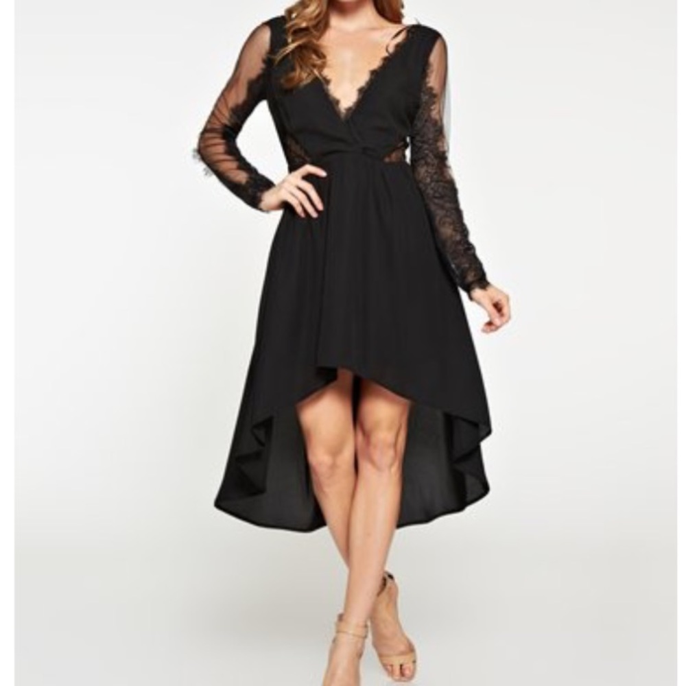 BRAND NEW black hi lo cocktail dress w lace detail